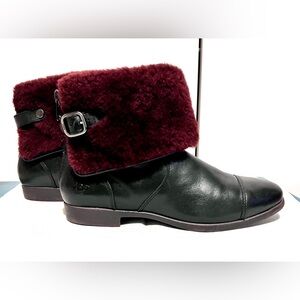 UGG Black Leather Ankle Boots with Burgundy Shearling Cuff